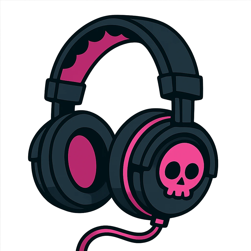 gothic headphones, black and pink, vibrant toon style emoji