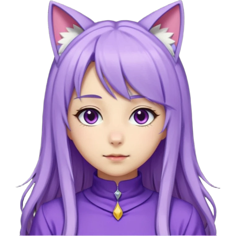female anime character with long periwinkle hair and cat ears on her head. She is wearing a purple outfit with a high neckline and long sleeves.  emoji