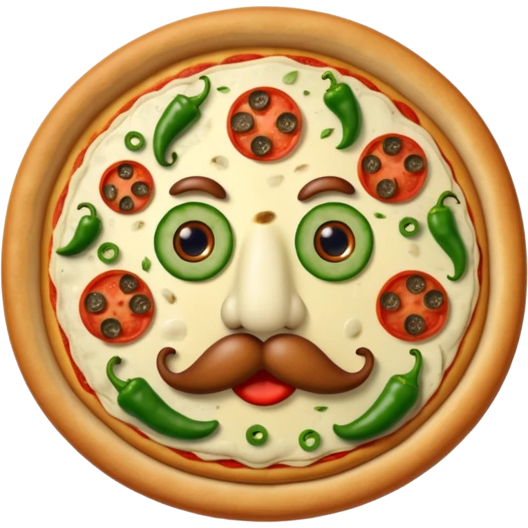 Complete Pizza with two red pepperoni eyes, a mushroom nose, and a mouth, mustache, and eyebrows made out of green peppers emoji