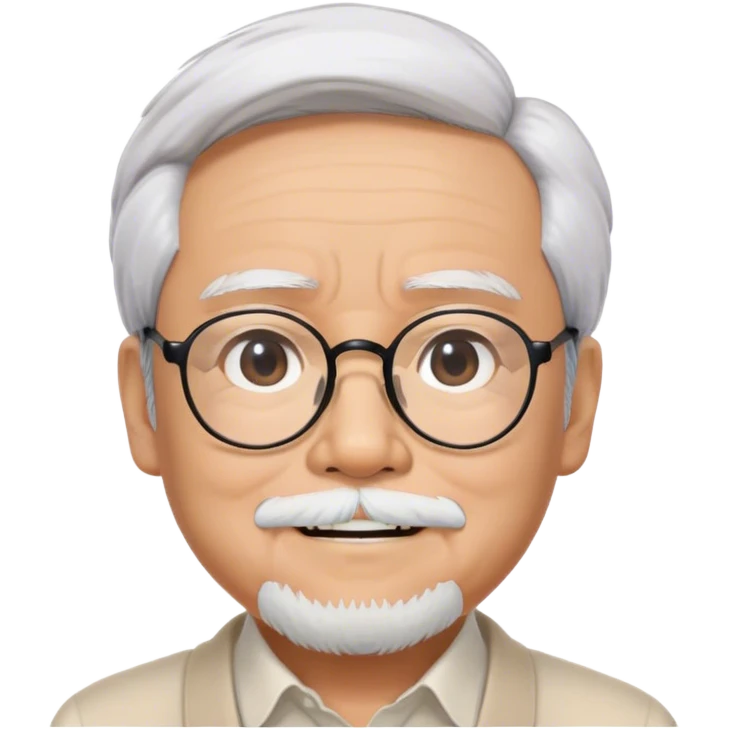 ​Cinematic Realistic Portrait of Hayao Miyazaki, depicted with defined black eyebrows, and large rectangular glasses, his happy expression rendered in lifelike detail, illuminated with soft, realistic lighting that emphasizes his creative genius, emoji