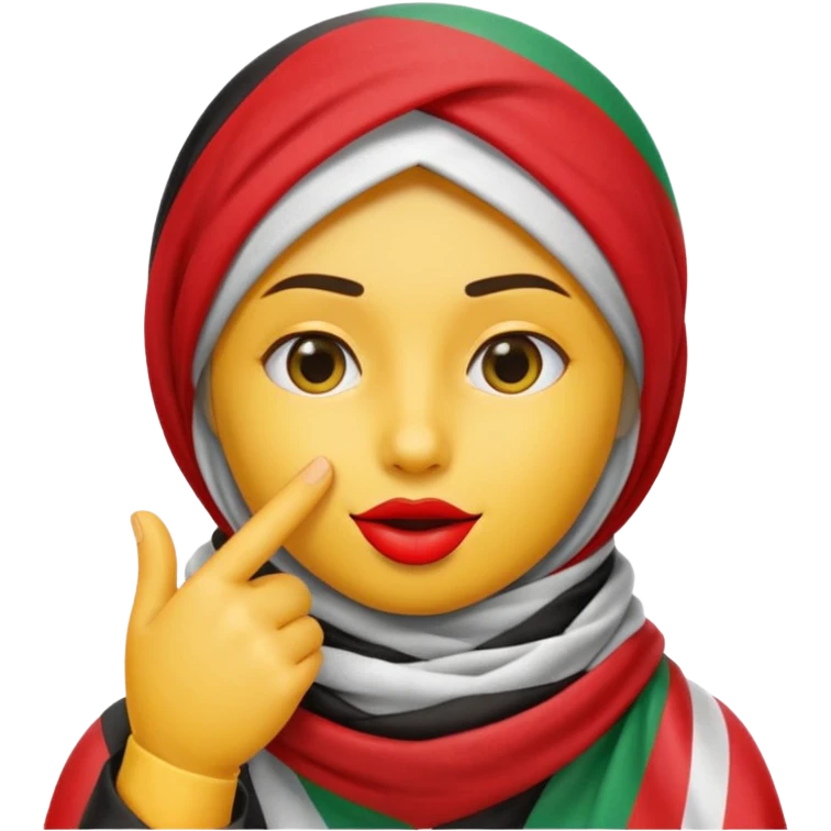 yellow emoji face finger to lips in shh pose wearing Palestinian keffiyeh with Palestinian flag colors subtly included in scarf design emoji