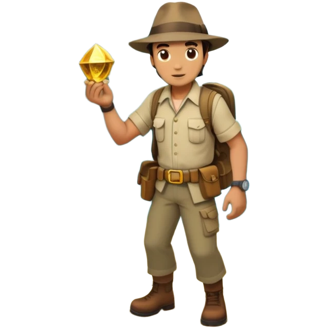 an adventure game, inspired by Uncharted-2. The design features a rugged explorer navigating through ancient ruins, with treasure and obstacles in the background. A dynamic environment with jungle, cliffs, and puzzles highlights the thrill of discovery and action. Transparent background. emoji