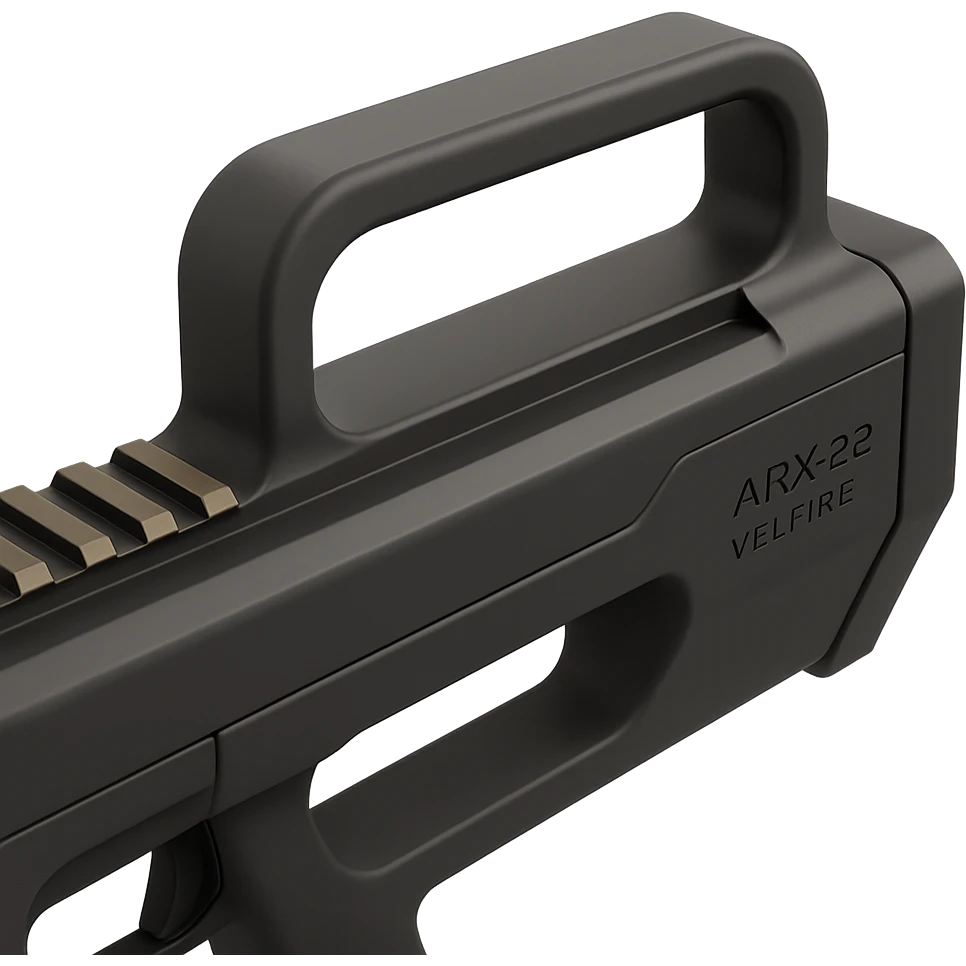 close-up of the ARX-22 VELFIRE's integrated carry handle and optic rail, highlighting closed rectangular profile and smooth minimalist matte black surfaces, futuristic industrial clean design, neutral lighting, soft shadow, plain gray background emoji