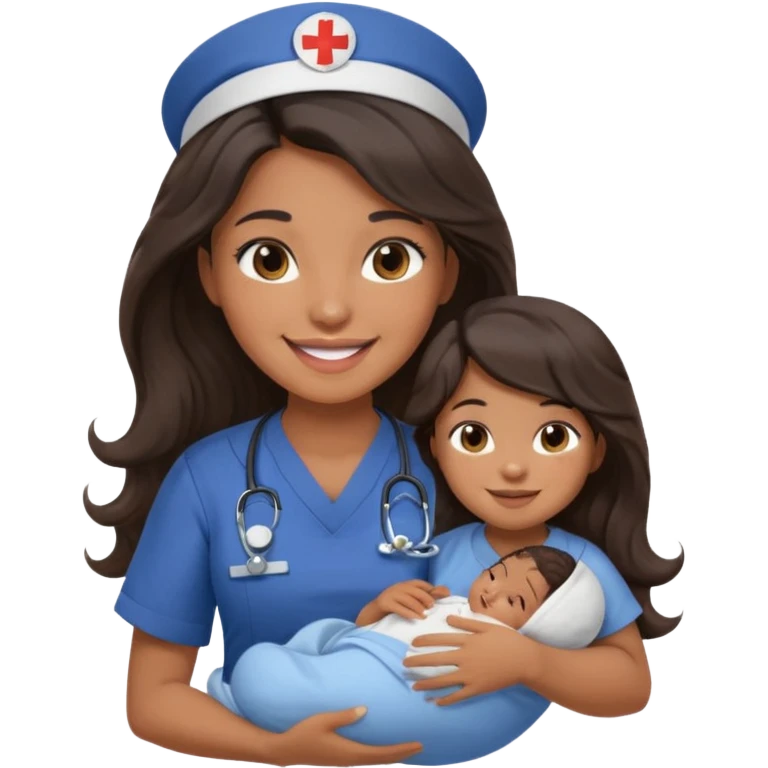 Female nurse smiling with long dark wavy hair with medium brown skin and brown eyes holding one tiny new born baby with navy blue short sleeves emoji