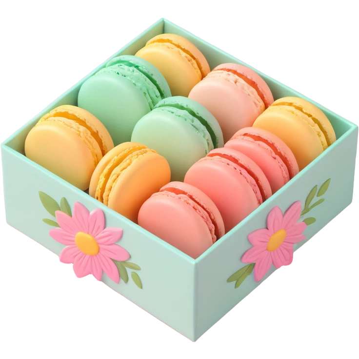 a box of macarons with a floral pattern, soft pastel colors, glossy finish, delicate and pretty emoji