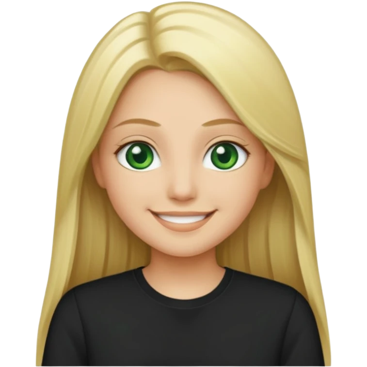 Long straight blonde hair with green eyes and black shirt smiling emoji