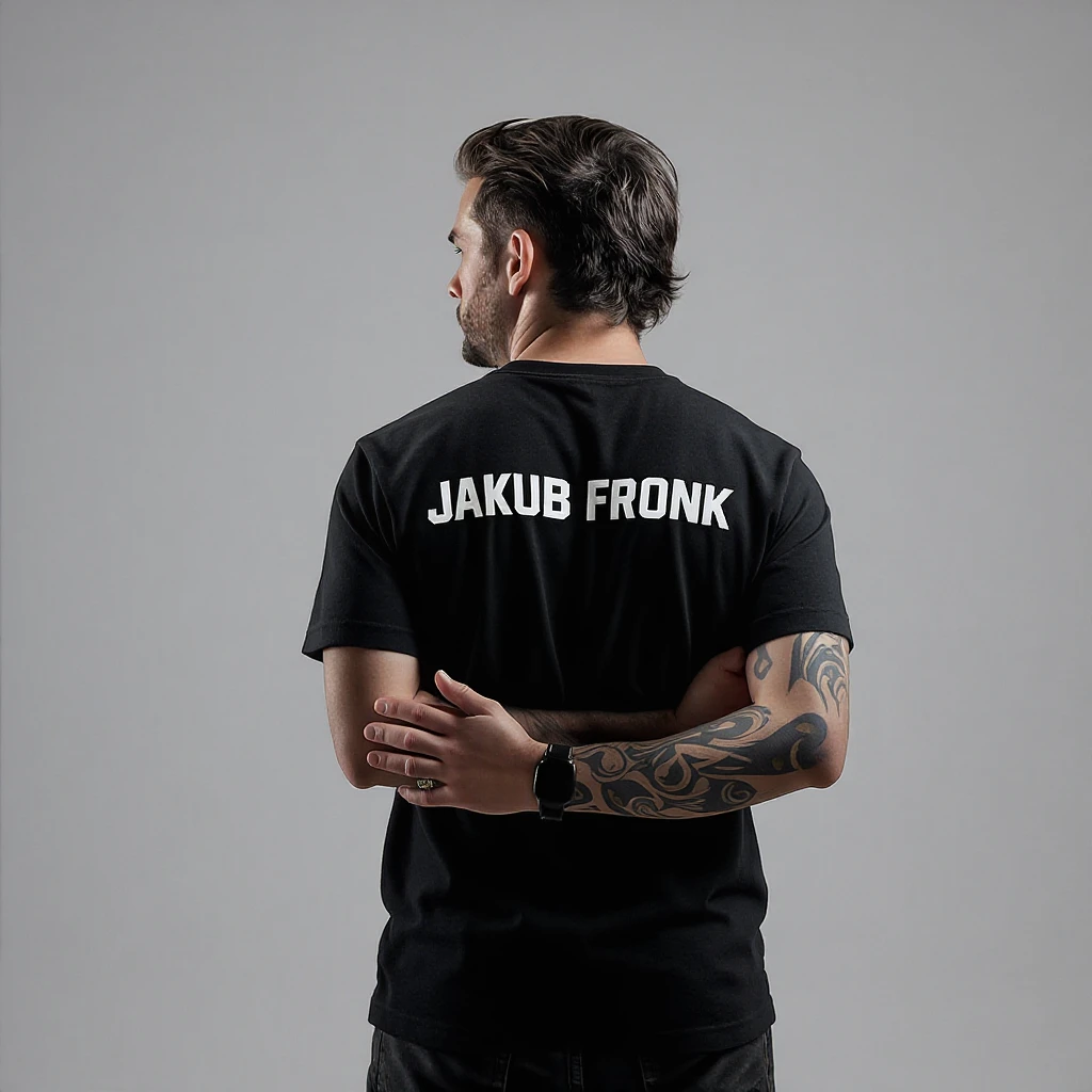 Csgo pro player profile proffesional photo, low key light back light, man standing crossed hands with tshirt with text "Jakub Fronk" emoji
