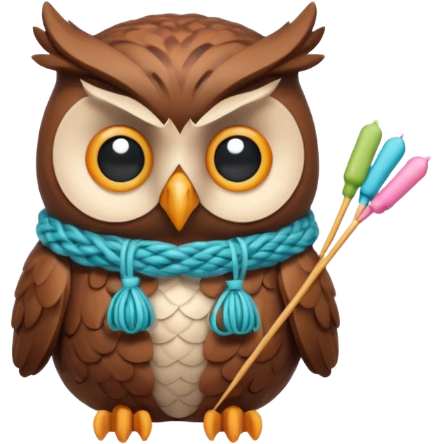 knitting owl portrait, head and shoulders only, cute owl holding knitting needles and yarn, cozy expression, warm handmade vibe, soft feathers, 3D cartoon style, mobile game icon style, clean background, no text, no watermark
 emoji
