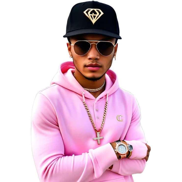1 person standing in front of a private plane and a rolls Royce. His name is Josh king Madrid. He is wearing a “JETSET” diamond pendant, 3 diamond sparkly tennis chains, iced out diamond rose gold ap watch , black hat that says “JETSET” , pink hoodie that says “JETSET” instead of Gucci. Phone in hand with virtual money $$$ symbol and gold symbol notifications flying out of it holographically  emoji