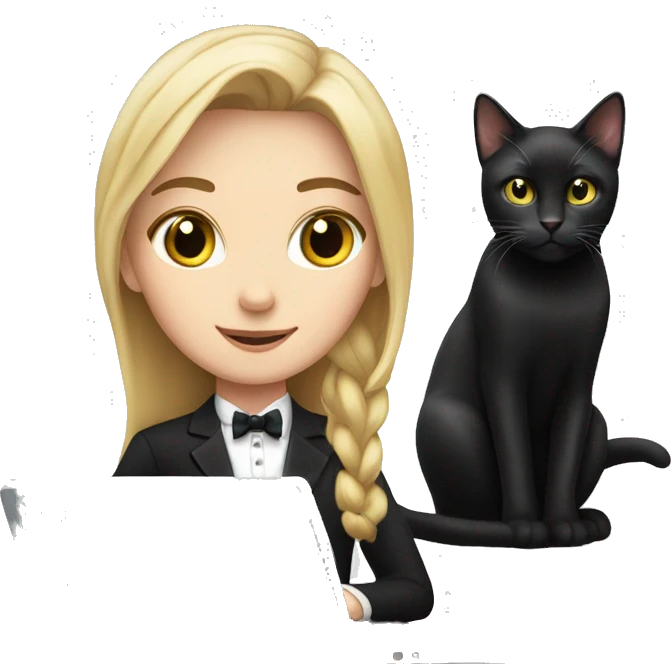 White Girl with a black tuxedo cat and a laptop emoji