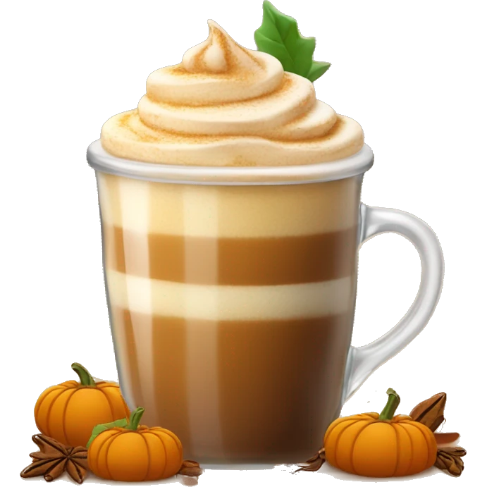 A pumpkin spice latte with leaves around it in a glass coffee mug emoji