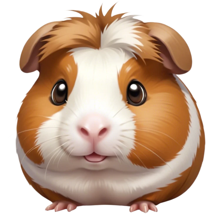 Cinematic Cute Brown and White Banded Guinea Pig Portrait Emoji, Head tilted playfully and inquisitively, showcasing a fluffy fur with playful brown and white banded patterns, round, sparkling dark eyes filled with curiosity, Simplified yet irresistibly adorable features, highly detailed, glowing with a warm, friendly glow, high shine, affectionate and spirited, stylized with a touch of whimsy, bright and endearing, soft glowing outline, capturing the essence of a mischievous yet loving guinea pig, so playful it feels like it could dash out of the screen and into your arms! emoji