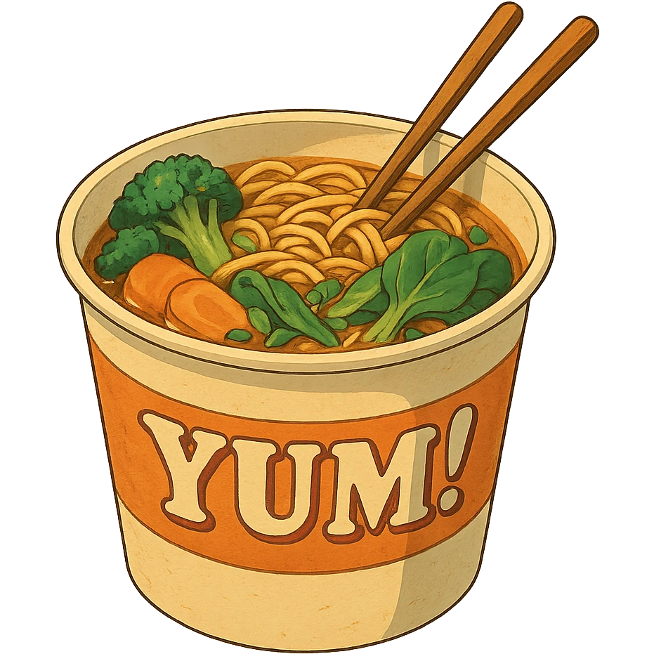 cyberpunk futuristic, scifi, a bowl of delicious veggie , ramen, 1990s, paper cup, classic style branding, with chopsticks, empty background, brand name: YUM! emoji