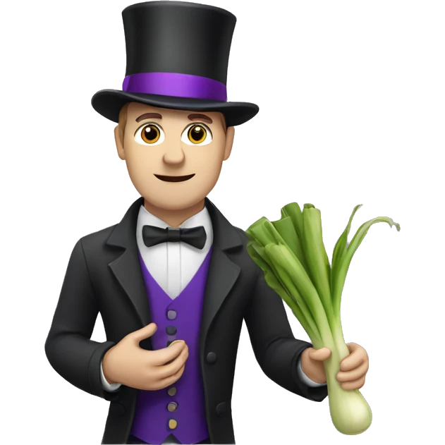 White man wearing a Top Hat with a purple band holding a leek emoji