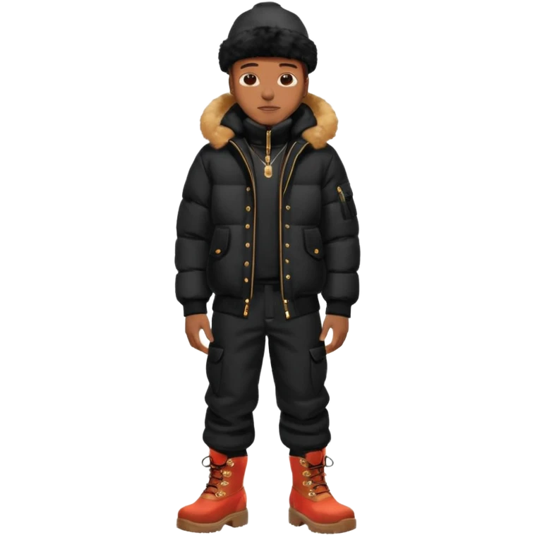 Handsome Black grown man with brown skin tone, wear black joggers, a black bubble coat with a fur brim on the hood, and buckwheat timberland boots emoji
