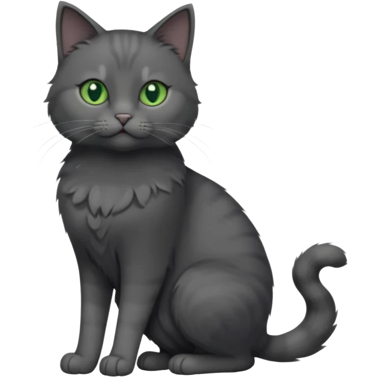 full body view of beautiful female solid dark grey cat with green eyes, white toes/paws and white patch on her chest emoji