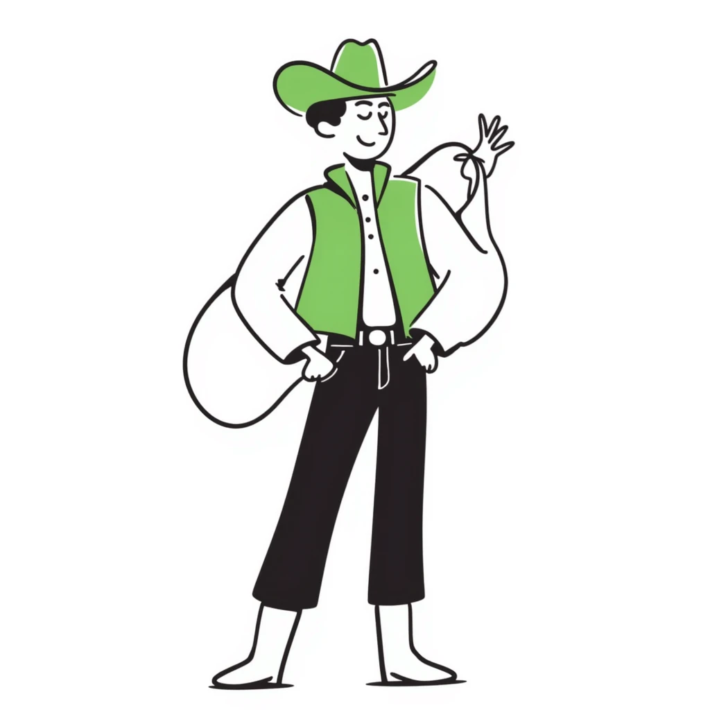Cowboy wearing a bright green hat with no star, lasso in hand, western outfit emoji