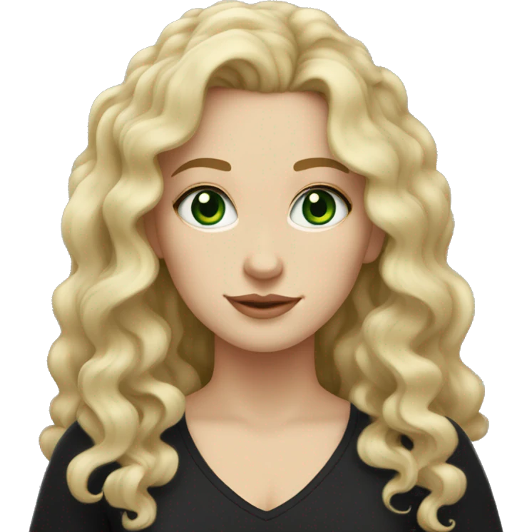 white girl with blonde curly to wavy hair green eyes wearing a black top emoji
