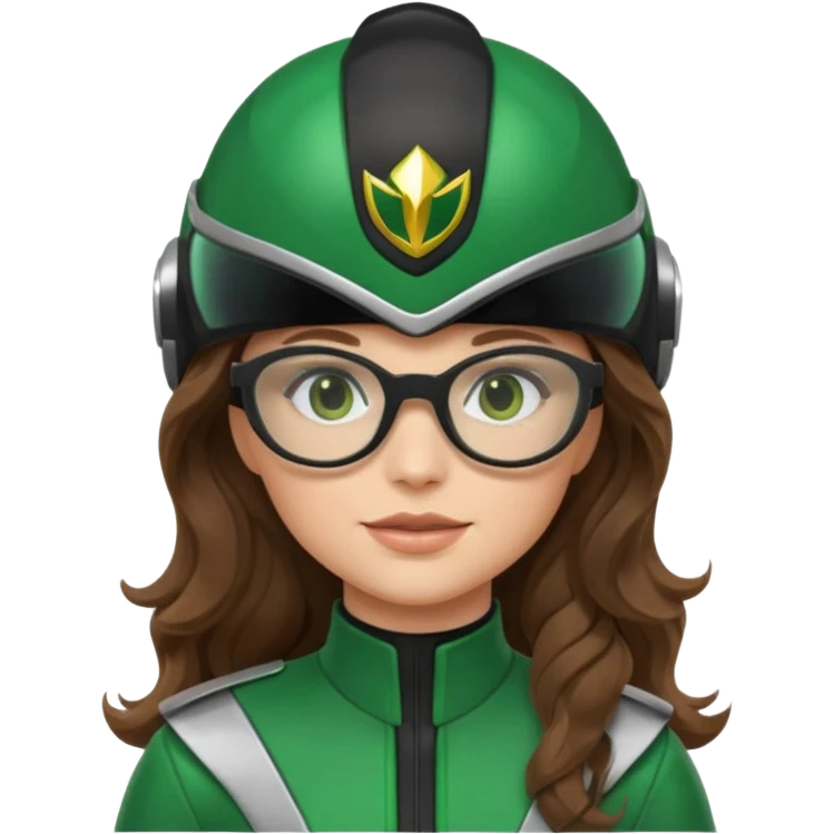 green power ranger, white girl with long brown wavy hair, thin black glasses, standing with helmet off, emoji style emoji