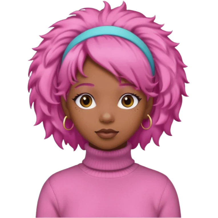 black fluffy haired girl with pink turtleneck sweater and pink hair band emoji