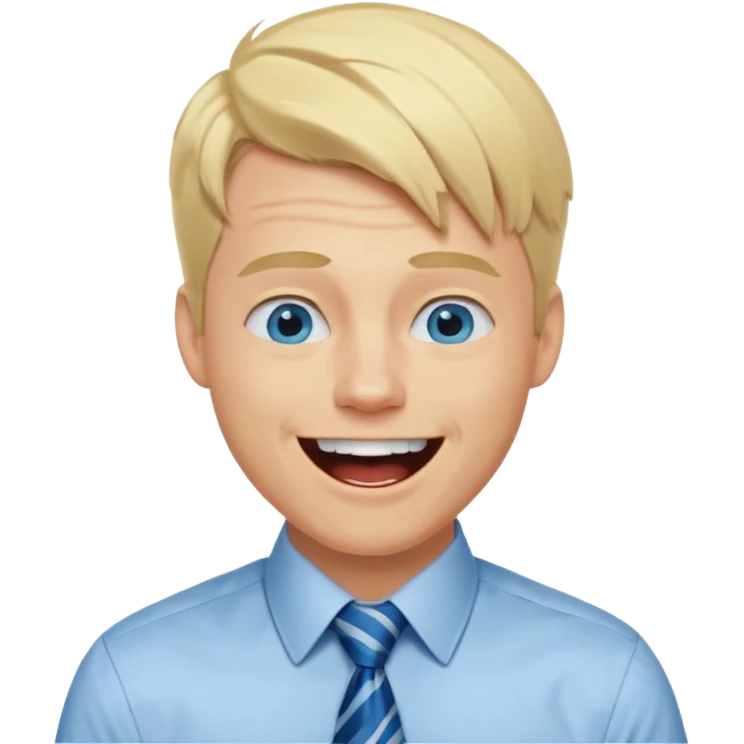 A 27 year old guy with blonde hair and blue eyes that looks masculine. make him wear a shirt with a tie. he is danish. He is laughing extremely hard. More extreme expression emoji