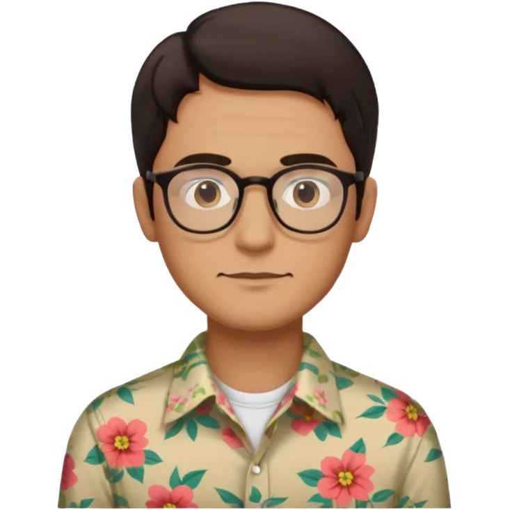 Man with long middle part dark brown hair with vintage eyeglasses in floral  shirt  emoji