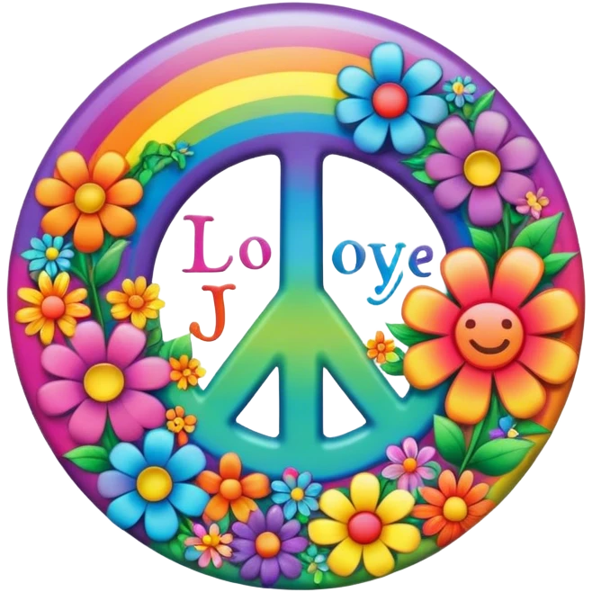 A round psychedelic colored button that says love, peace, and joy, with rainbow colored hippie style flowers emoji