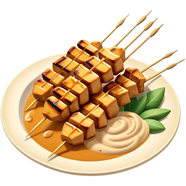 Cinematic Realistic Indonesian Chicken Satay Dish Emoji, depicted as succulent, marinated chicken skewers grilled to perfection with a subtle char, drizzled generously with a rich, creamy peanut sauce that glistens under warm, natural lighting. The vibrant textures of the tender meat and smooth, spicy sauce evoke the authentic flavors of Indonesian street food, rendered with lifelike detail and dynamic, appetizing lighting. emoji