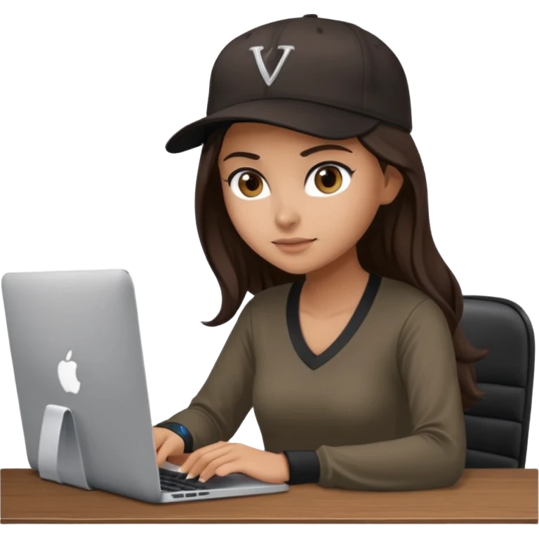 A professional 3D avatar of a young woman with olive skin and long, dark brown hair, wearing a dark, long-sleeved V-neck brown shirt and a black baseball cap. She's sitting at a sleek wooden desk, typing and looking at a silver MacBook.  emoji