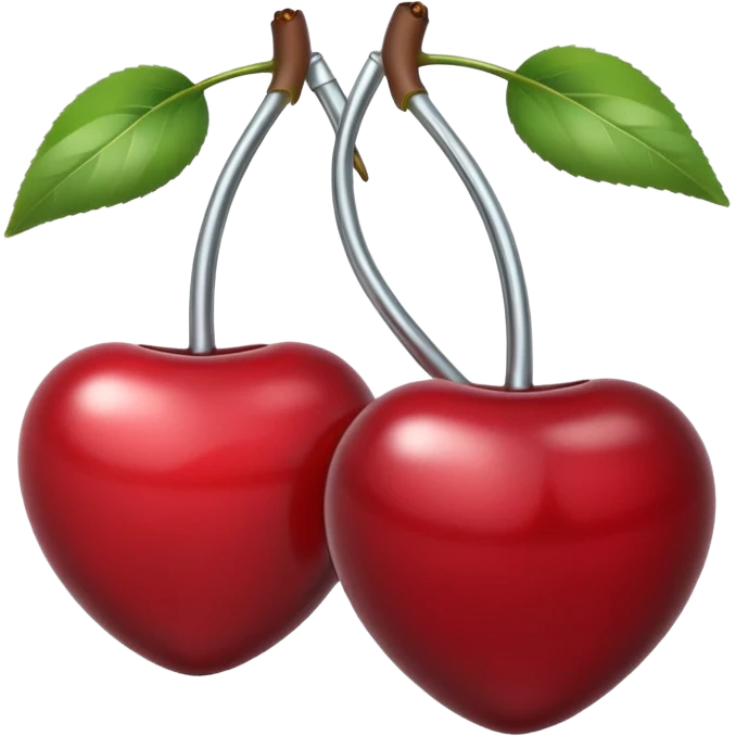 A pair of cherries emoji made of polished silver chrome, smooth rounded shapes, glossy metallic finish, soft highlights and reflections, cute proportions, iOS emoji style, centered, clean white background, no text emoji