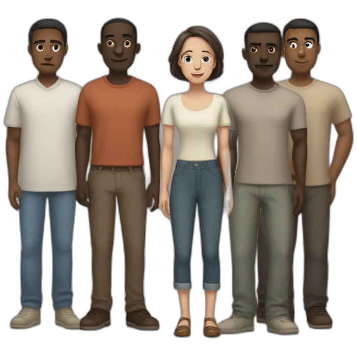 six dark-skinned men stand behind a pale woman emoji