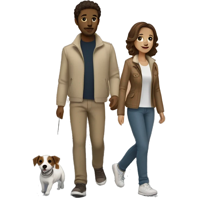 Couple with brown hair and beige jackets and brown pants outfit on a late night walk with a jack russell terrier emoji