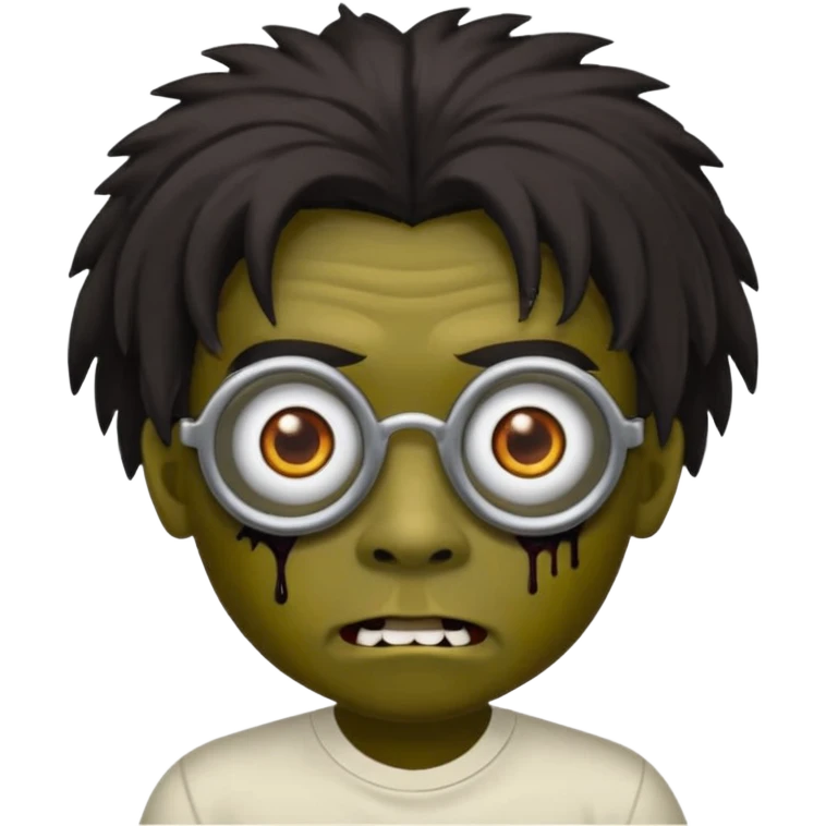 Um garoto zombie de cabelo castanho escuro, quase preto, com um cabelo médio, com olhos castanhos esverdeados, de camisa branca, com óculos redondo emoji