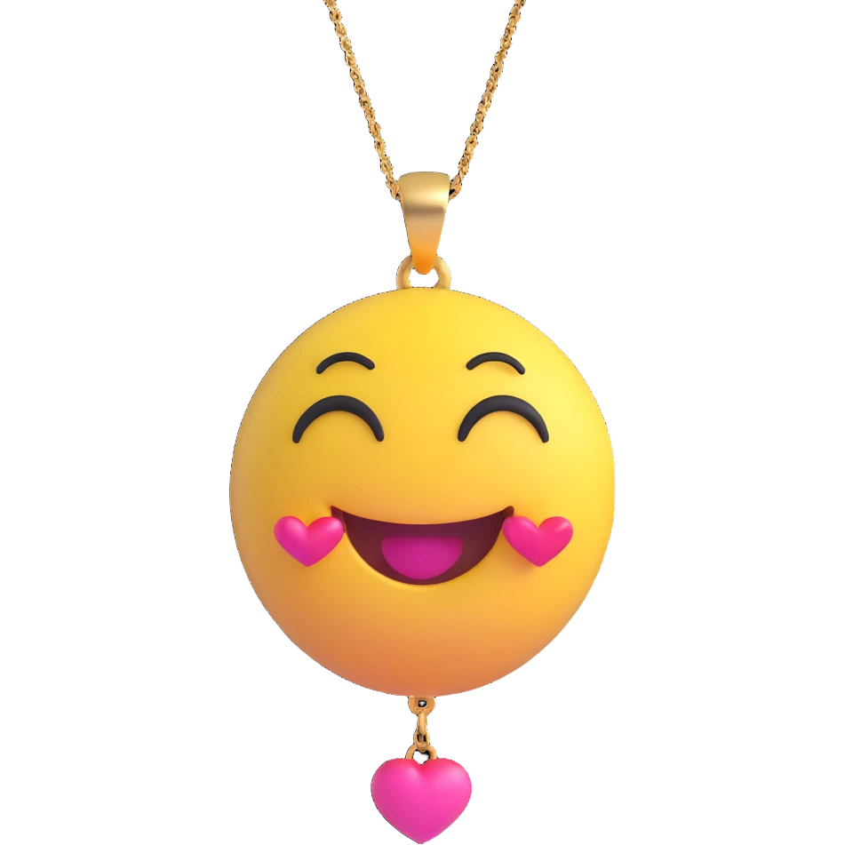 3D smiley emoji, large eyelashes, girly, heart-shaped necklace, smiling emoji