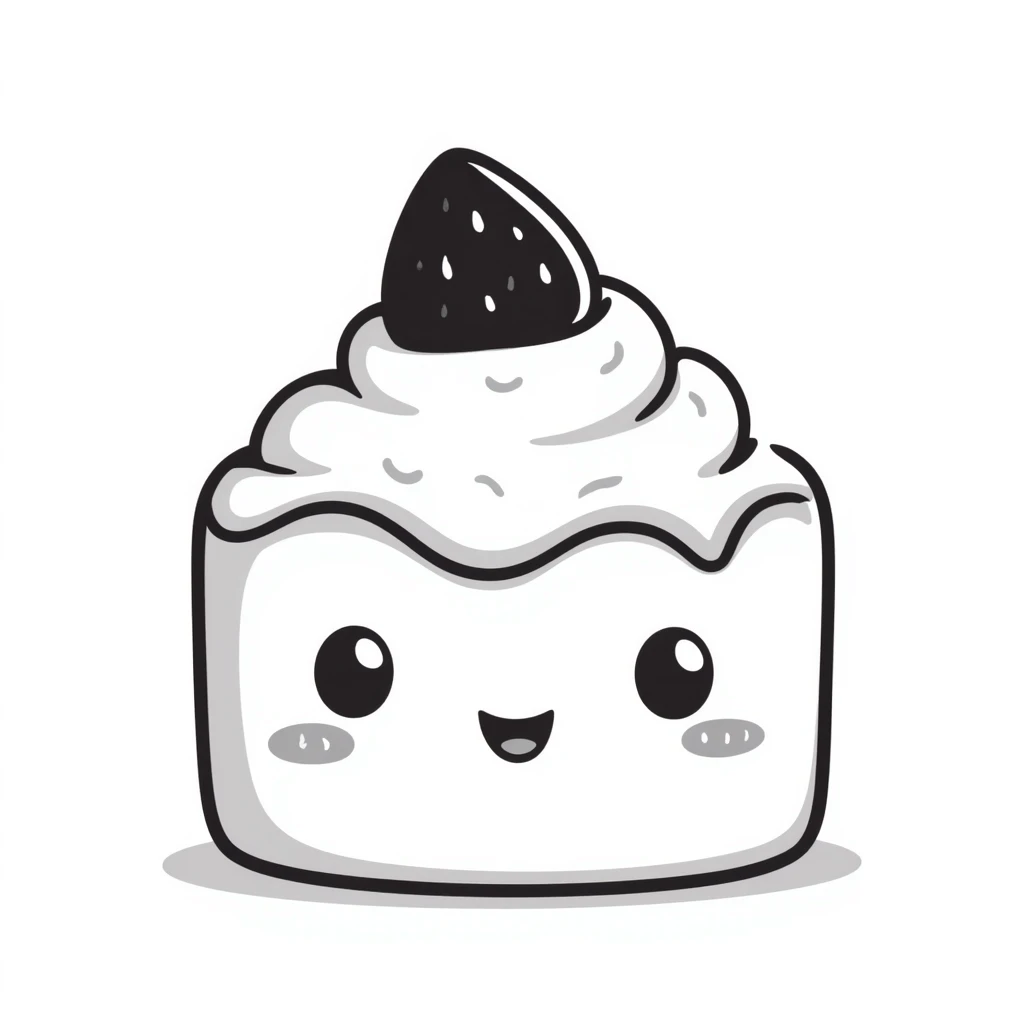 cute strawberry cake with whipped cream, smiling face, kawaii, soft light, hand-drawn look emoji