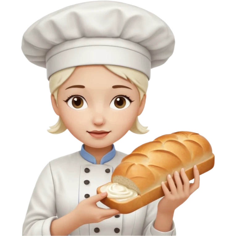 Young female baker - white chef hat, squeezing white cream pattern on bread emoji