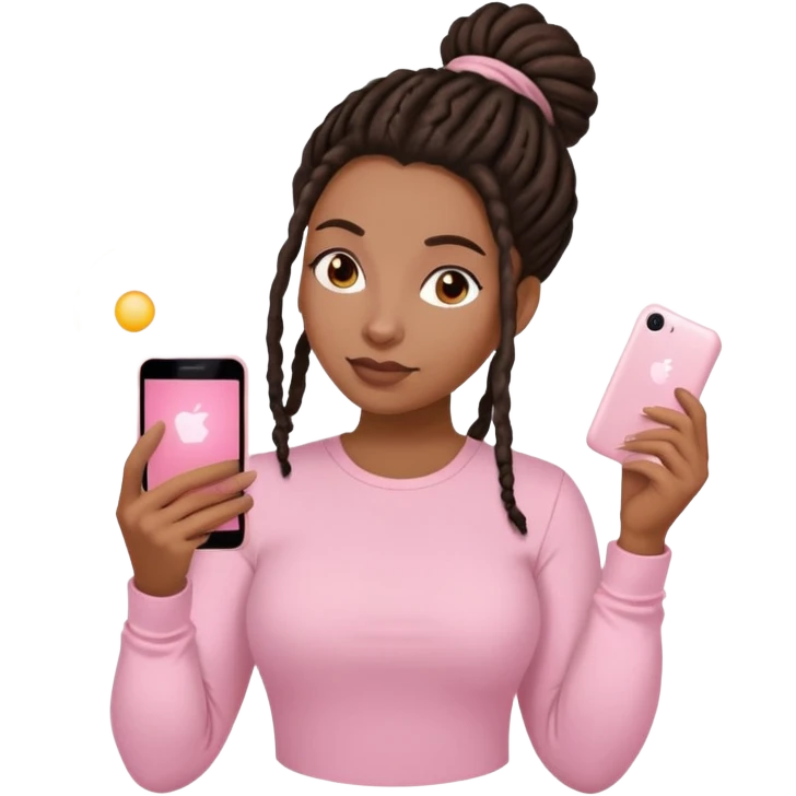 Dark brown woman with dreadlocks in bun Light pink shirt with a light pink phone in her hand emoji