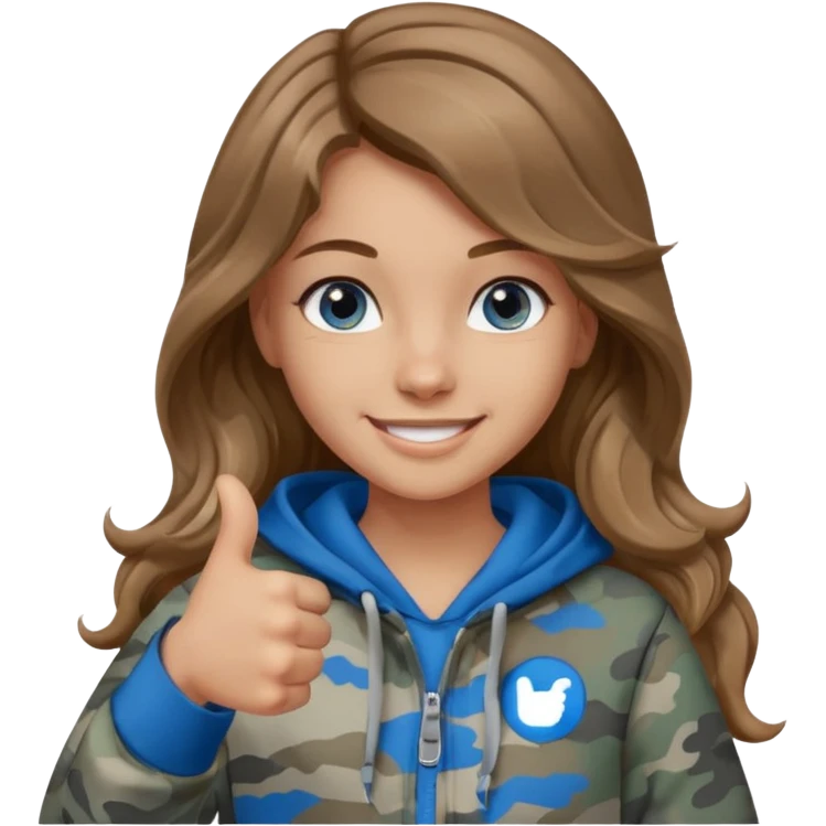 Girl with long wavy light brown hair, blue eyes , medium skin tone, wearing a gray camo hoodie  giving a thumbs up emoji
