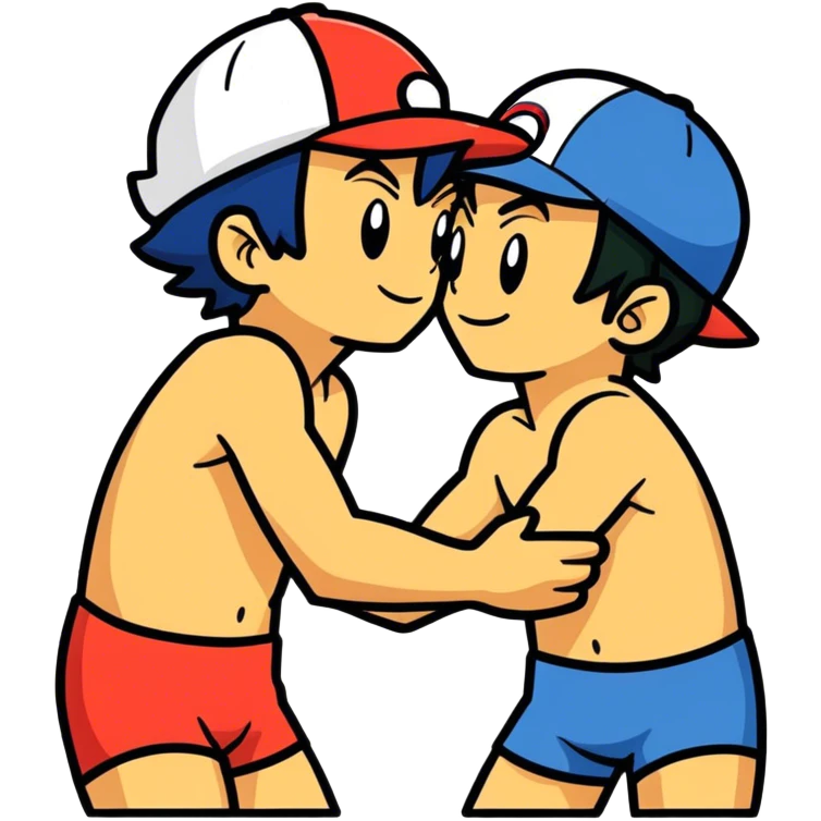 Hot handsomeb muscular 6ft 5inch tall smiling happy fun shirtless Ash Ketchum in love with friend and kissing him emoji