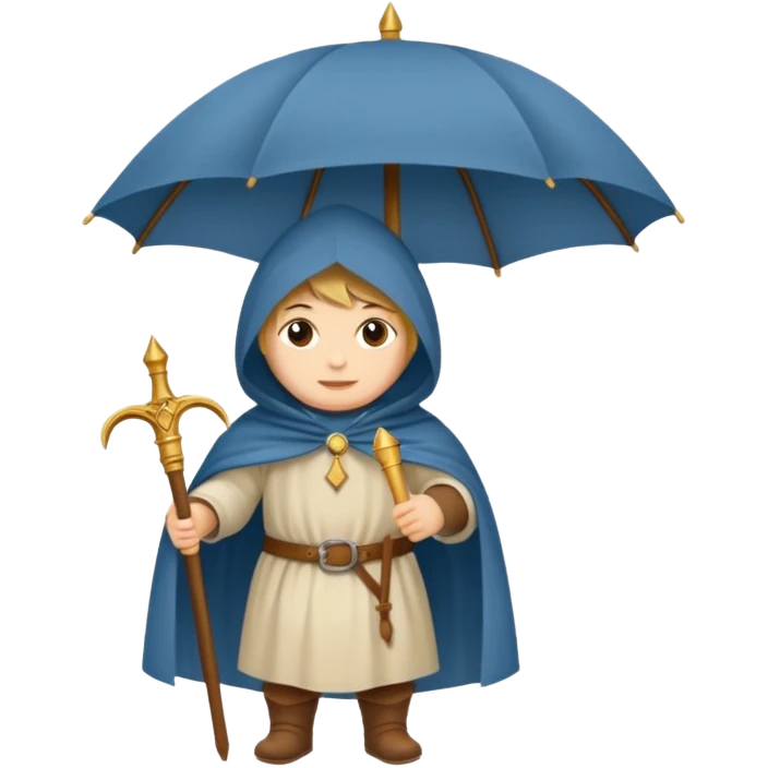 vorrei un piccolo pellegrino medievale in stile stickers sotto la pioggia con un grande ombrello emoji