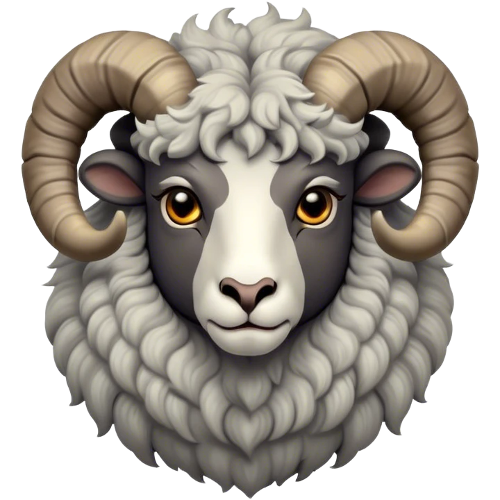Cinematic Noble Ram Portrait Emoji, Poised and regal, with a sturdy, powerful build and a thick, woolly grey fur adorned with impressively curled horns, deep-set soulful dark eyes, Simplified yet sharp and sophisticated features, highly detailed, glowing with a soft, dignified glow, high shine, intelligent and commanding, stylized with an air of rugged majesty, focused and attentive, soft glowing outline, capturing the essence of a watchful and confident ram, so majestic it feels as though it could charge out of the screen with effortless authority! emoji