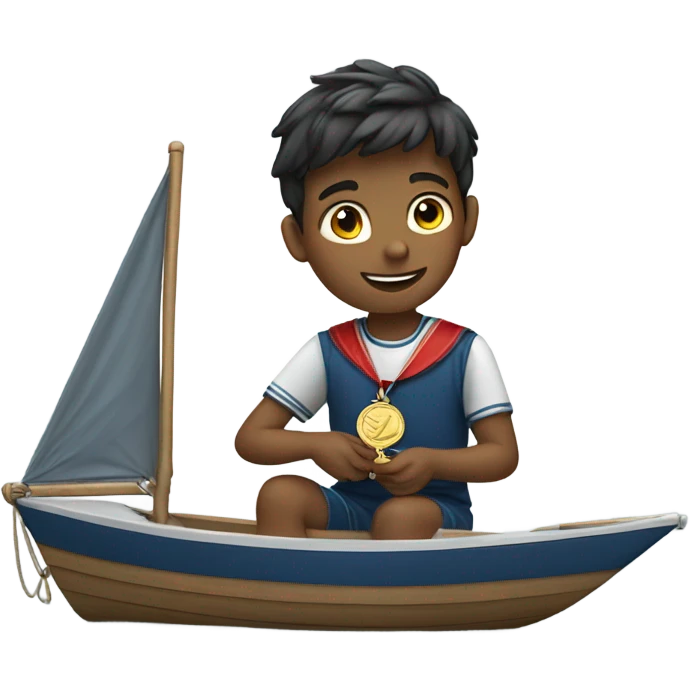 boy puts medal on his sailing boat emoji