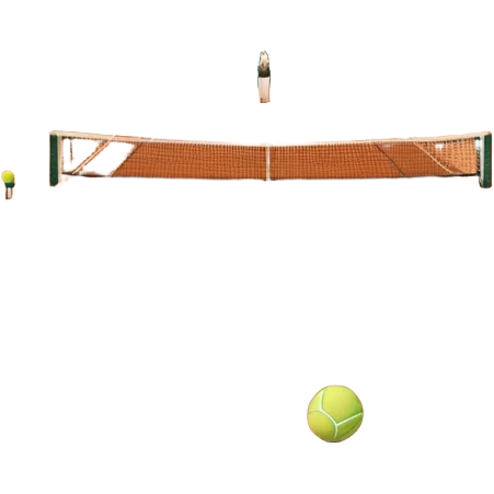 A tennis court at the Roland Garros tournament, with the iconic clay surface and a tennis ball bouncing near the net. The scene evokes the energy and excitement of the grand event, with vibrant crowds in the stands and a competitive atmosphere. emoji