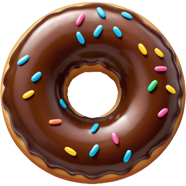 A glossy chocolate-glazed donut emoji with colorful sprinkles, rendered in a bright, clean, 3D cartoon style. Soft lighting, smooth texture, vibrant colors, and a playful, appetizing look. emoji