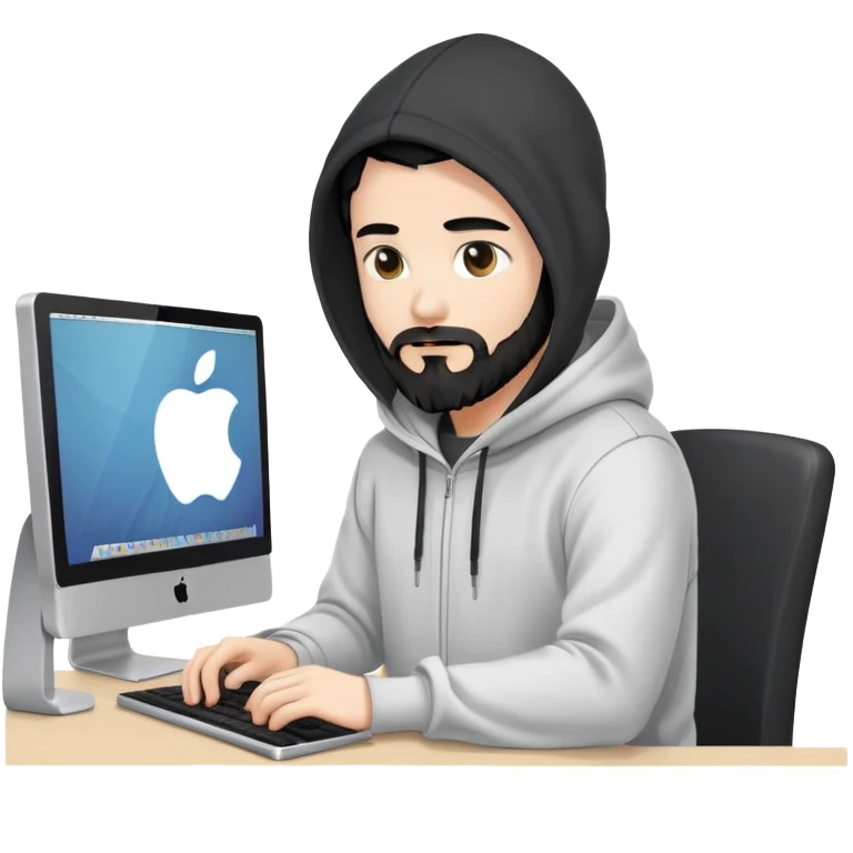 male coder with black hair, beard, and white skin, wearing a hoodie, sitting in front of a computer, focused on coding pc is not apple  emoji
