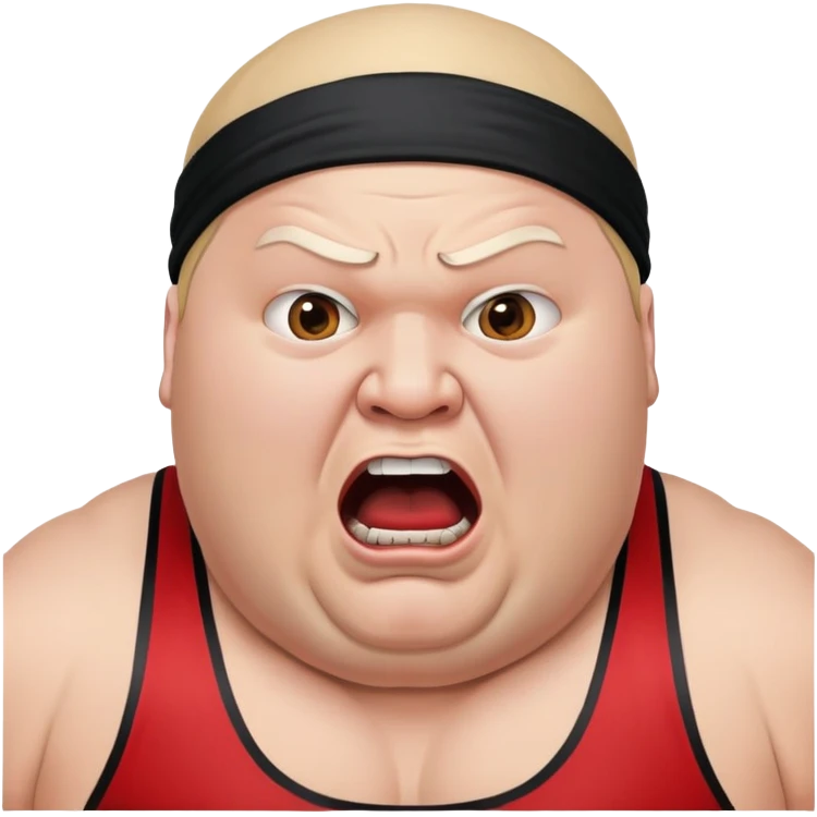 Extreme close-up of face of morbidly obese white skin guy with young face, prominent BLACK DURAG tied clearly on head, black beard but no mustache, clean shaven upper lip, black eyes in a red and black wrestling singlet with mouth wide open screaming angrily emoji