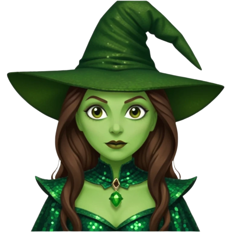 Wicked Witch of the West from the Wizard of Oz with long brown hair, dark green sequin outfit, green skin emoji