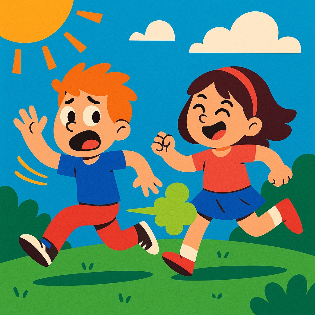 funny scene: boy escaping from a farting girl, cartoon, playful, energetic, vibrant toon style, colorful emoji