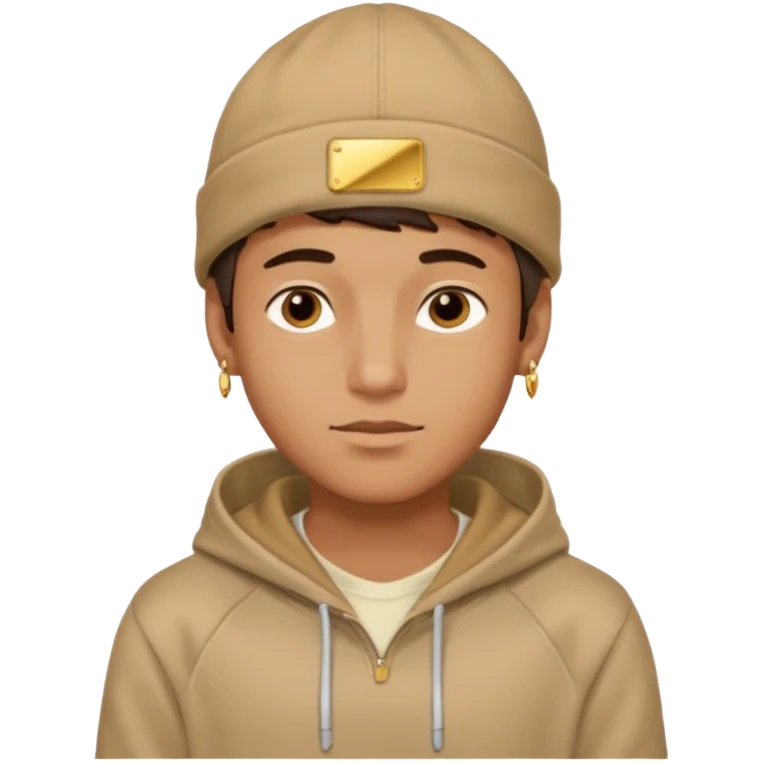 {
  "type": "human",
  "look": "male, tan hoodie, brown cap, gold jewelry, calm face, front view",
  "description": "a young man wearing a hoodie and cap, looking relaxed and confident"
} emoji