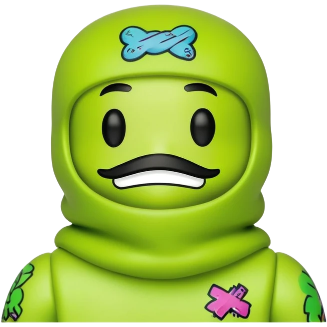 bearbrick toy wearing a lime green balaclava with graffiti design and chill relaxed thick eyebrows showing above emoji